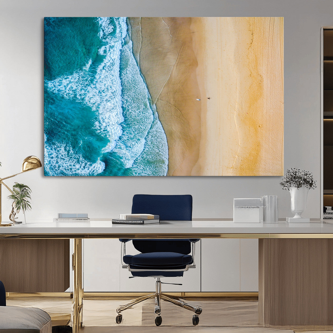 46640-MGV-CV-36X24-Aerial Beach Wall Art – Turquoise Waves and Golden Sand Canvas Print with Lone Surfer, Coastal Ocean Decor for Living Room,