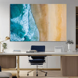 46640-MGV-CV-36X24-Aerial Beach Wall Art – Turquoise Waves and Golden Sand Canvas Print with Lone Surfer, Coastal Ocean Decor for Living Room,