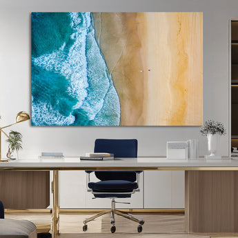 46640-MGV-CV-36X24-Aerial Beach Wall Art – Turquoise Waves and Golden Sand Canvas Print with Lone Surfer, Coastal Ocean Decor for Living Room,