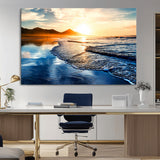 86173-MGV-CV-36X24-Golden Sunset Beach Wall Art – Reflective Ocean Canvas Print with Mountains and Waves, Coastal Nature Decor for Living Room,