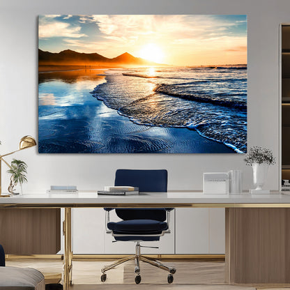 86173-MGV-CV-36X24-Golden Sunset Beach Wall Art – Reflective Ocean Canvas Print with Mountains and Waves, Coastal Nature Decor for Living Room,