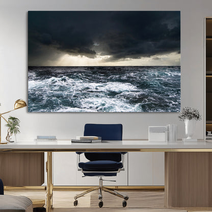42607-MGV-CV-36X24-Stormy Ocean Wall Art – Dramatic Sea and Sky Canvas Print with Sun Rays, Moody Nature Decor for Living Room, Office, Bedroom or