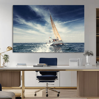 75430-MGV-CV-36X24-Sailing Boat Wall Art – Dynamic Ocean Yacht Canvas Print, Nautical Decor for Living Room, Office, Beach House or Cabin