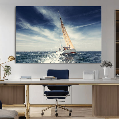 75430-MGV-CV-36X24-Sailing Boat Wall Art – Dynamic Ocean Yacht Canvas Print, Nautical Decor for Living Room, Office, Beach House or Cabin