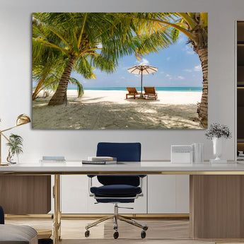 83601-MGV-CV-36X24-Tropical Beach Wall Art – Serene Palm Trees and Lounge Chairs Canvas Print, Relaxing Coastal Decor for Living Room, Bedroom or