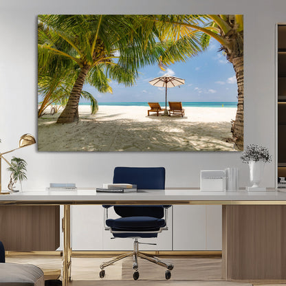 83601-MGV-CV-36X24-Tropical Beach Wall Art – Serene Palm Trees and Lounge Chairs Canvas Print, Relaxing Coastal Decor for Living Room, Bedroom or