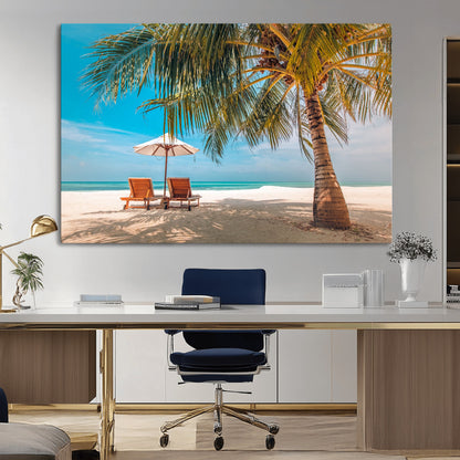 69754-MGV-CV-36X24-Tropical Beach Wall Art – Relaxing Palm Tree and Lounge Chairs Canvas Print, Serene Coastal Decor for Living Room, Bedroom, Office