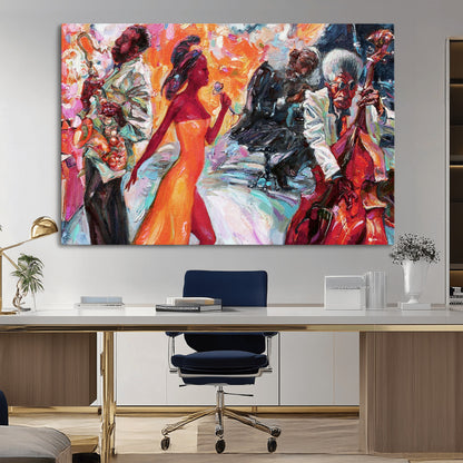 24452-MGV-CV-36X24-Vibrant Jazz Musician Painting - Expressive Art Print of Live Jazz Band, Perfect Wall Decor for Music Lovers and Art Enthusiasts