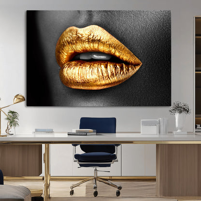 84747-MGV-CV-36X24-Golden Lips Black & White Portrait – Glamorous Metallic Lip Art Print, Modern Wall Decor for Bedroom, Beauty & Fashion Lover Gift