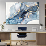 33782-MGV-CV-36X24-Abstract Marble Wall Art – Blue & Gold Fluid Painting Canvas Print, Modern Home Decor for Living Room, Bedroom or Office
