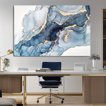 33782-MGV-CV-36X24-Abstract Marble Wall Art – Blue & Gold Fluid Painting Canvas Print, Modern Home Decor for Living Room, Bedroom or Office