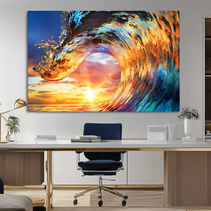 52890-MGV-CV-36X24-Surfing Wave Wall Art Canvas Print, Framed Sunset Ocean Art Picture Print, Ocean Wave Perfect Nautical Decor Artwork