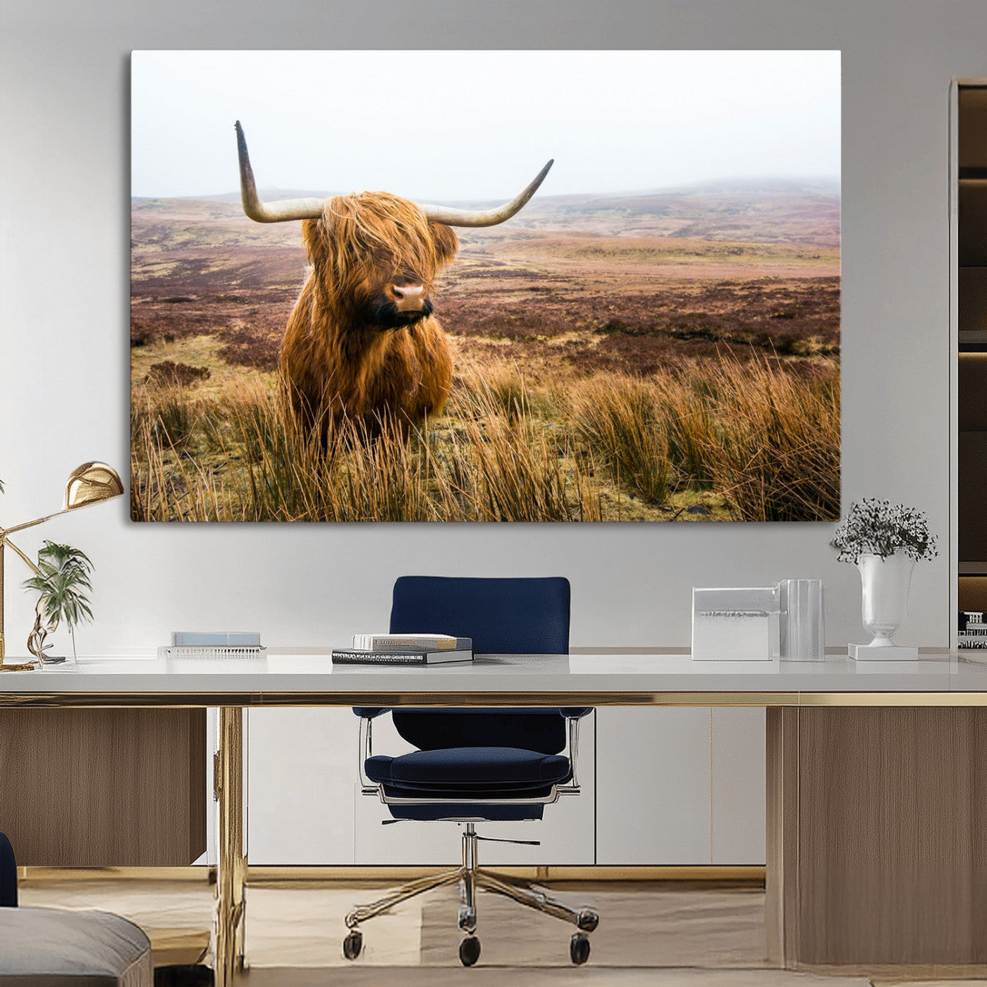 79391-MGV-CV-36X24-Majestic Highland Cow in Misty Scottish Moorland – Rustic Natural Charm, Perfect for Unique Home or Office Decor