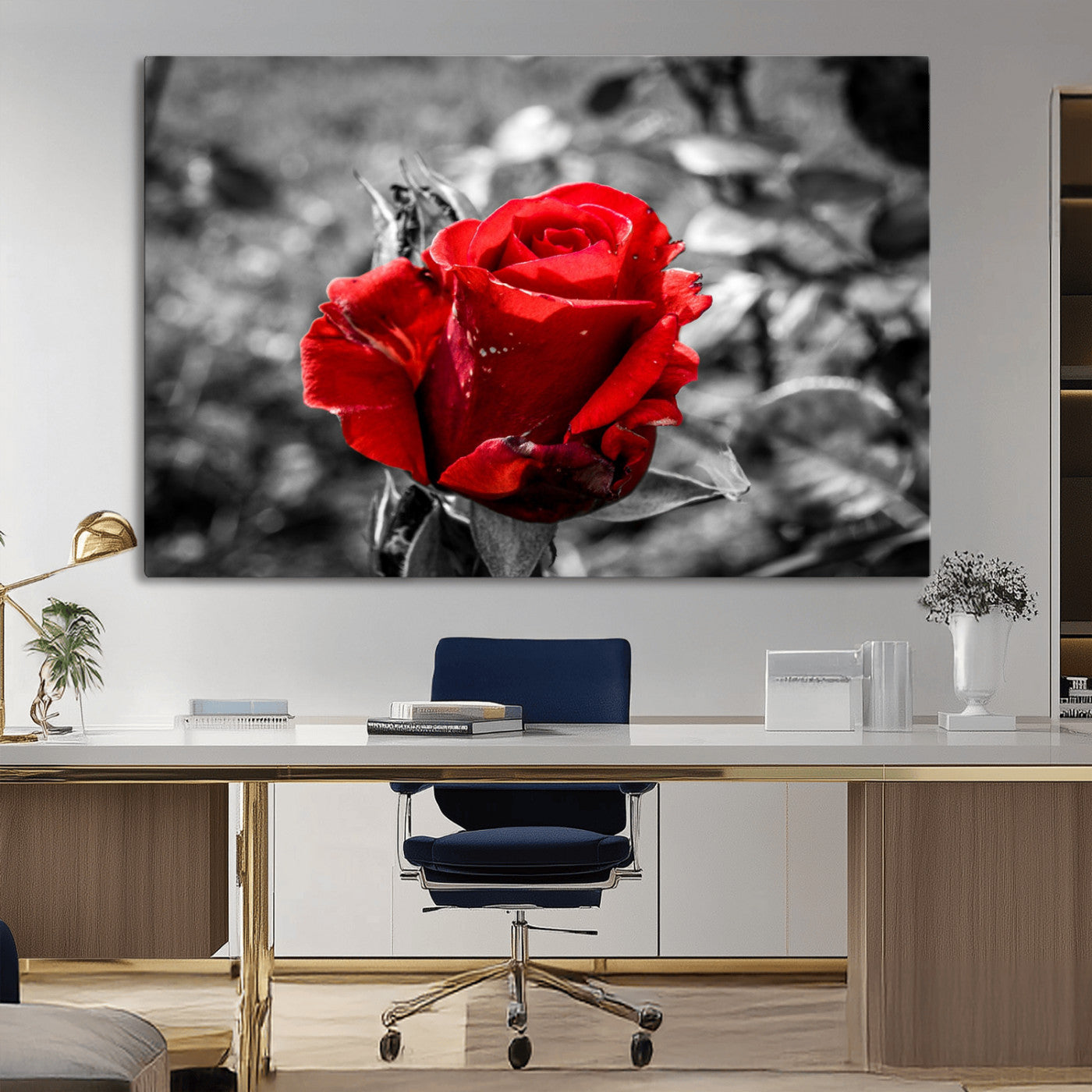 84671-MGV-CV-36X24-Red Rose Wall Art – Vibrant Single Bloom Canvas Print with Black and White Background, Elegant Floral Decor for Living Room,