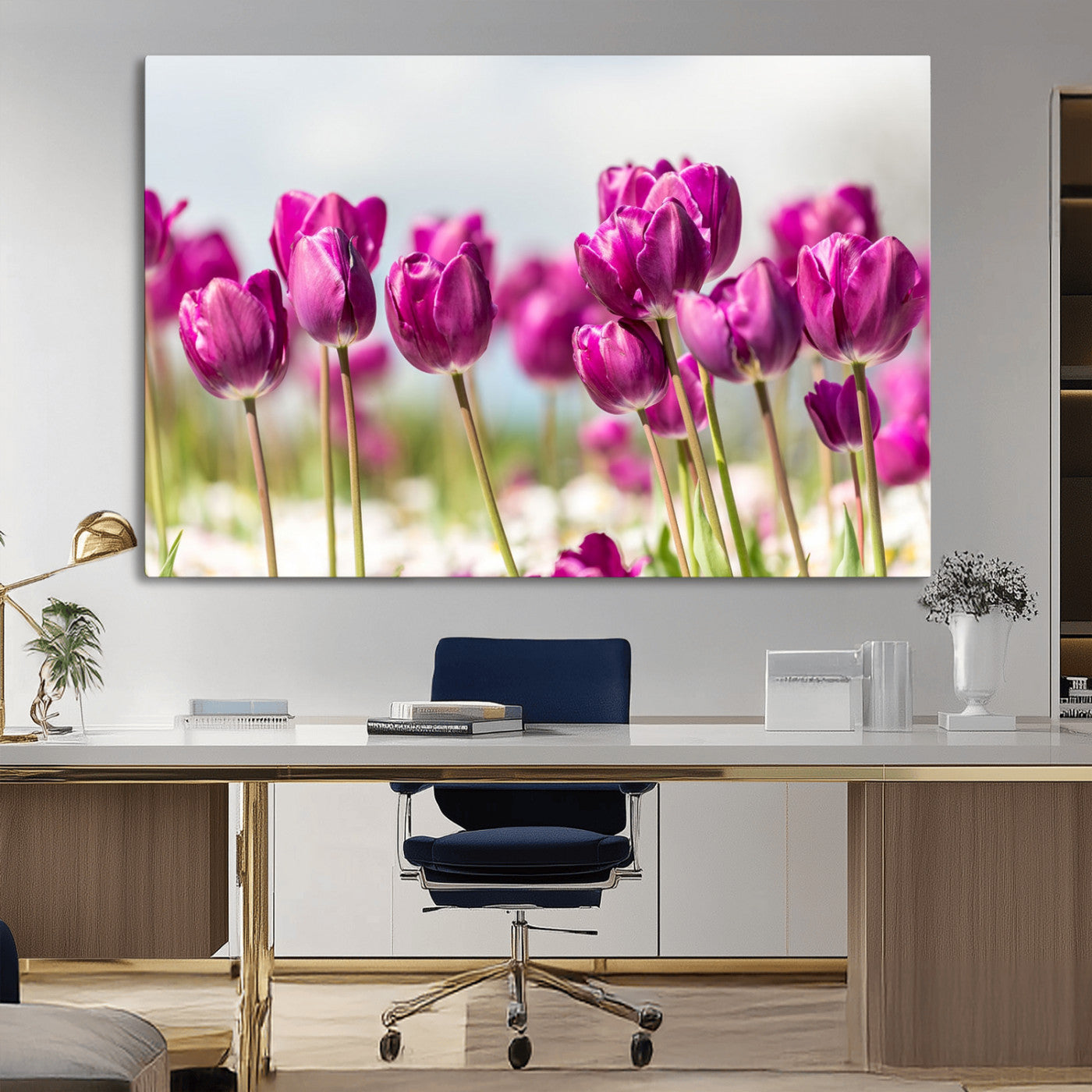 30632-MGV-CV-36X24-Purple Tulip Field Wall Art – Beautiful Spring Flowers Canvas Print with Soft Focus and Bright Sky, Ideal Floral Decor for Home or