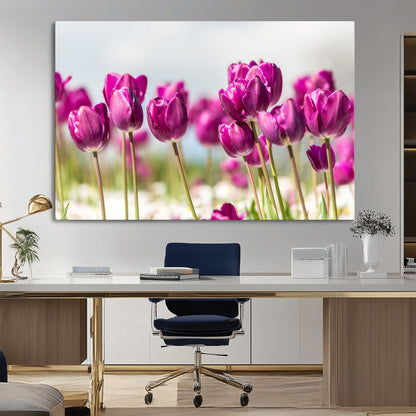 30632-MGV-CV-36X24-Purple Tulip Field Wall Art – Beautiful Spring Flowers Canvas Print with Soft Focus and Bright Sky, Ideal Floral Decor for Home or