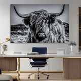 97372-MGV-CV-36X24-Elegant Highland Cow Wall Art – Black and White Canvas Print, Rustic Nature Decor for Home, Office, Living Room or Man Cave