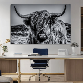 97372-MGV-CV-36X24-Elegant Highland Cow Wall Art – Black and White Canvas Print, Rustic Nature Decor for Home, Office, Living Room or Man Cave