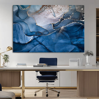 27810-MGV-CV-36X24-Abstract Blue Gold Fluid Art Wall – Modern Canvas Print, Elegant Home & Office Wall Art, Stylish Living Room or Bedroom Decor