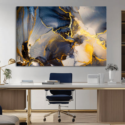 42100-MGV-CV-36X24-Golden Flow Abstract Wall Art – Panoramic Modern Blue and Gold Canvas Print, Contemporary Artistic Decor for Home, Office