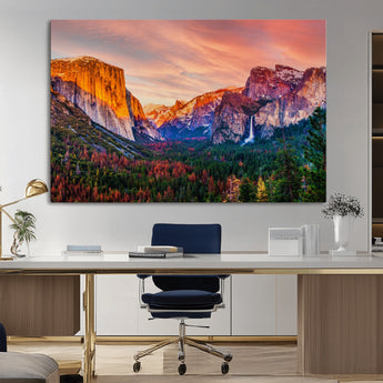 24519-MGV-CV-36X24-Yosemite Valley Sunset Wall Art – Majestic Mountain Landscape with Waterfall and Vibrant Sky, Nature Photography for Home or