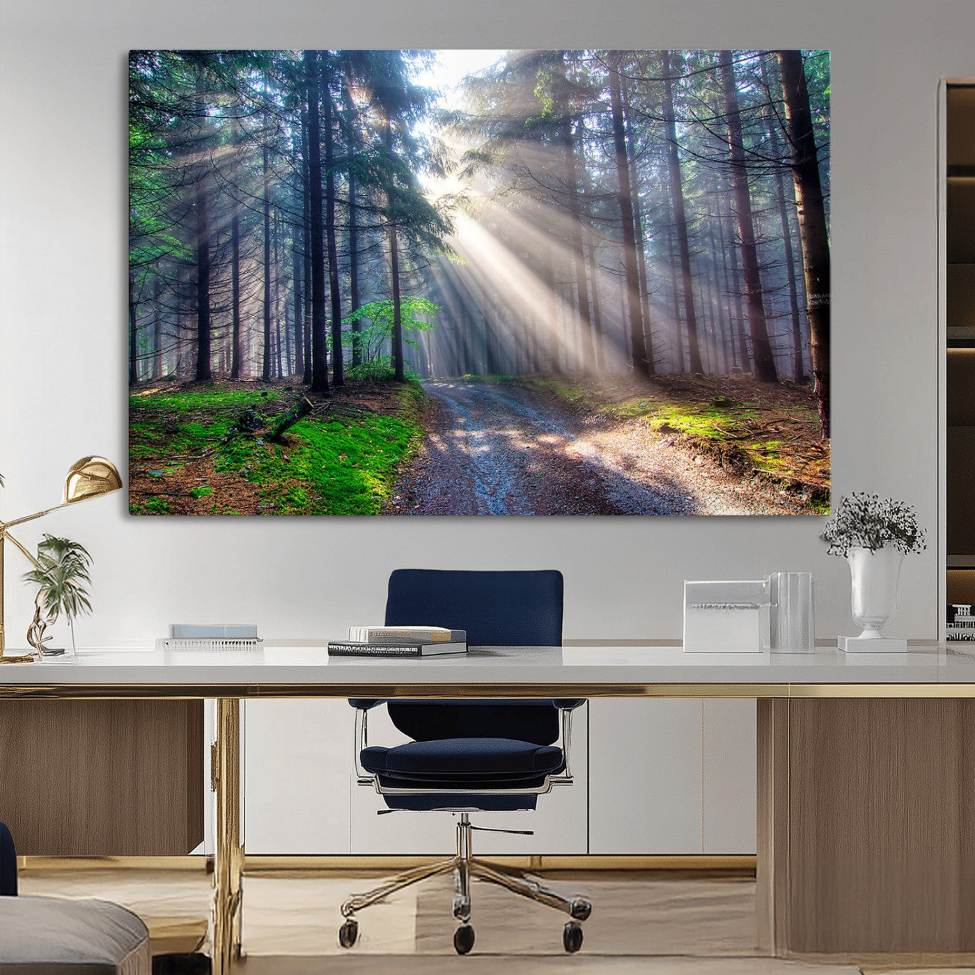 42047-MGV-CV-36X24-Sunlit Forest Path Wall Art – Nature Canvas Print, Serene Woodland Landscape, Perfect Home & Office Decor for Calm and Tranquil