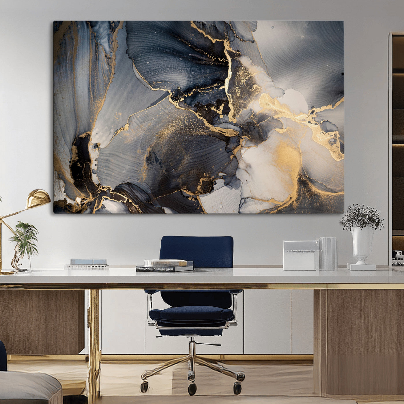 24068-MGV-CV-36X24-Luxury Abstract Wall Art – Gold & Gray Fluid Ink Painting Canvas, Modern Metallic Home Decor, Elegant Office or Living Room Accent