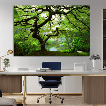 18094-MGV-CV-36X24-Emerald Canopy Wall Art – Panoramic Lush Green Tree Canvas Print, Serene Nature Decor for Office, Living Room or Meditation Space