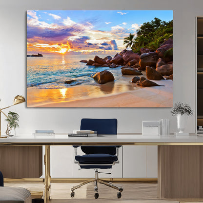43209-MGV-CV-36X24-Tropical Beach Sunset Wall Art – Golden Ocean Waves and Palm Trees with Rocky Shore Canvas Print, Coastal Seascape Decor for