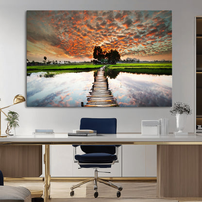 29105-MGV-CV-36X24-Rustic Wooden Bridge Wall Art – Scenic Sunset Over Rice Fields and Reflective Water Canvas Print, Nature Landscape Decor for
