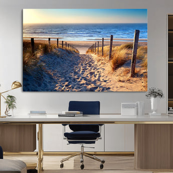 31889-MGV-CV-36X24-Sandy Beach Pathway Wall Art – Coastal Dune Fence and Ocean View Canvas Print, Relaxing Seaside Landscape Decor for Living Room or