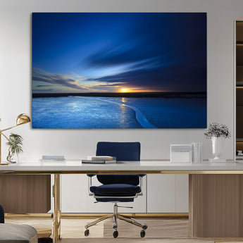 65405-MGV-CV-36X24-Blue Sunrise Seascape Wall Art – Tranquil Ocean Horizon Canvas Print with Golden Sunlight and Deep Sky, Coastal Landscape Decor