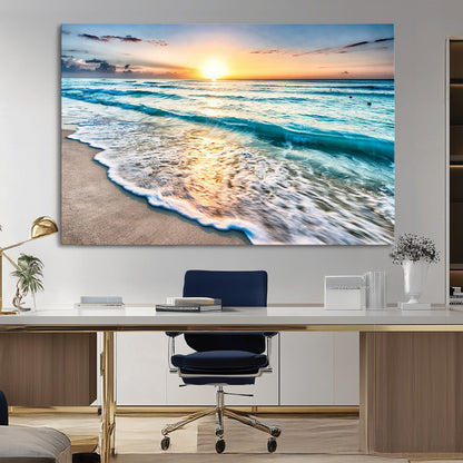 27815-MGV-CV-36X24-Ocean Sunrise Beach Wall Art – Serene Coastal Canvas Print with Waves and Golden Morning Light, Relaxing Seascape Decor for