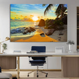 26181-MGV-CV-36X24-Golden Tropical Sunset Beach Wall Art – Ocean Canvas Print with Palm Trees and Rocks, Coastal Paradise Decor for Living Room or