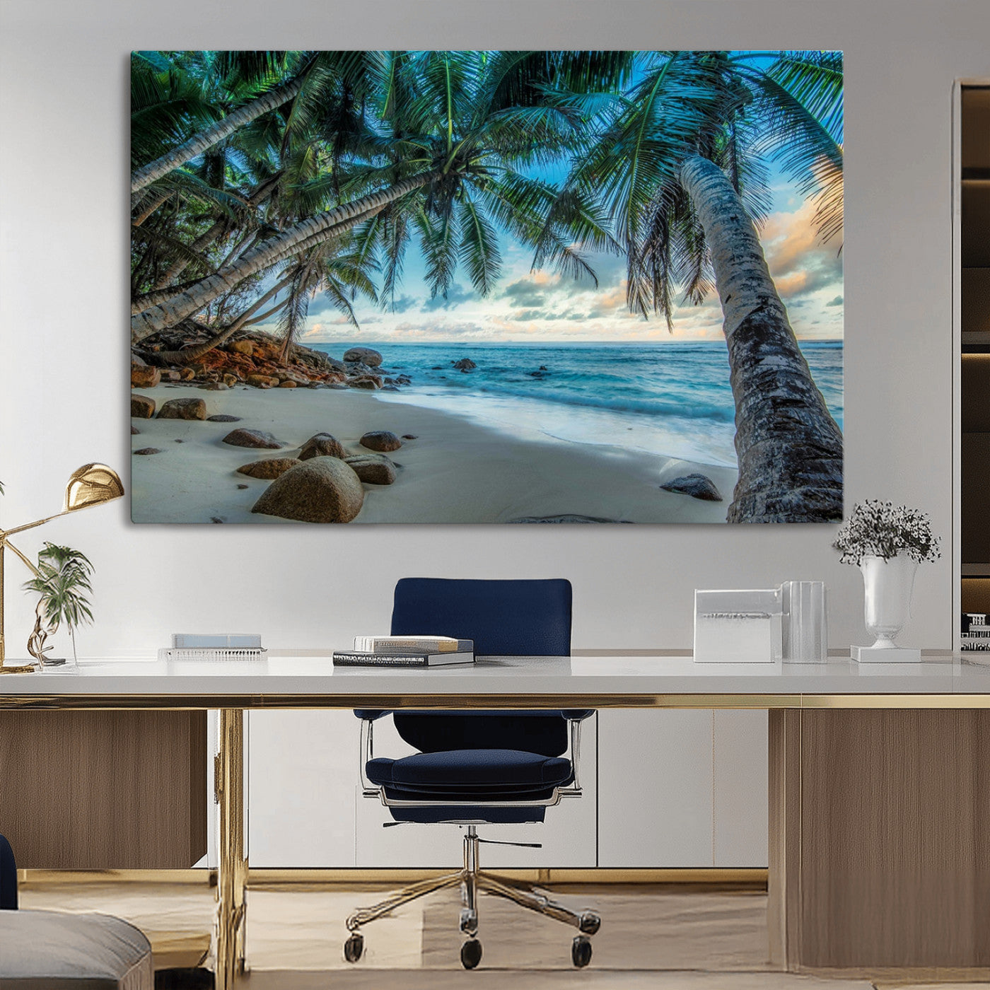39679-MGV-CV-36X24-Tropical Palm Beach Wall Art – Serene Ocean Canvas Print with Palm Trees and Rocks, Coastal Paradise Decor for Living Room or