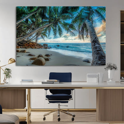 39679-MGV-CV-36X24-Tropical Palm Beach Wall Art – Serene Ocean Canvas Print with Palm Trees and Rocks, Coastal Paradise Decor for Living Room or