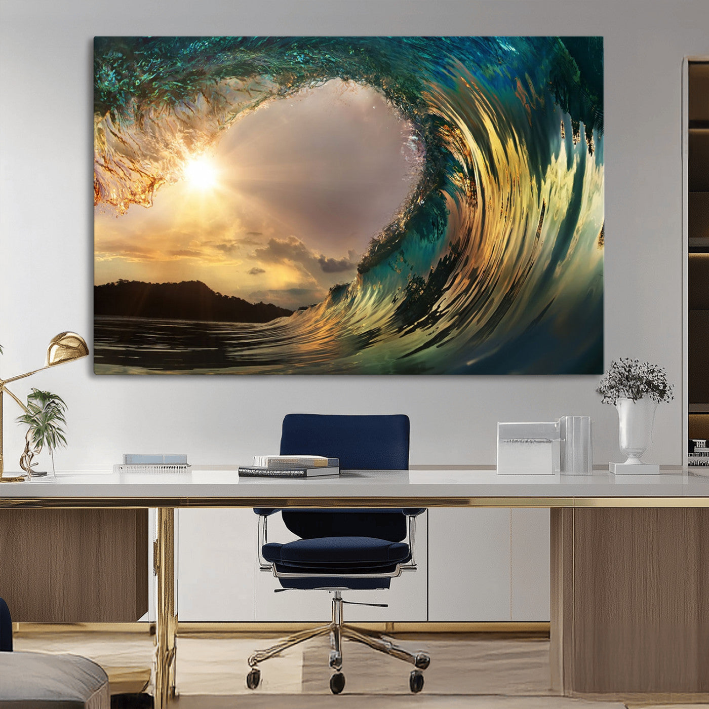 38256-MGV-CV-36X24-Ocean Wave Wall Art – Stunning Sunrise Through Curling Wave Canvas Print, Coastal Surf Photography Seascape Decor for Living Room,