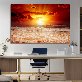 60211-MGV-CV-36X24-Fiery Sunset Ocean Waves Canvas Print – Vibrant Red & Orange Coastal Wall Art, Dramatic Seascape Decor