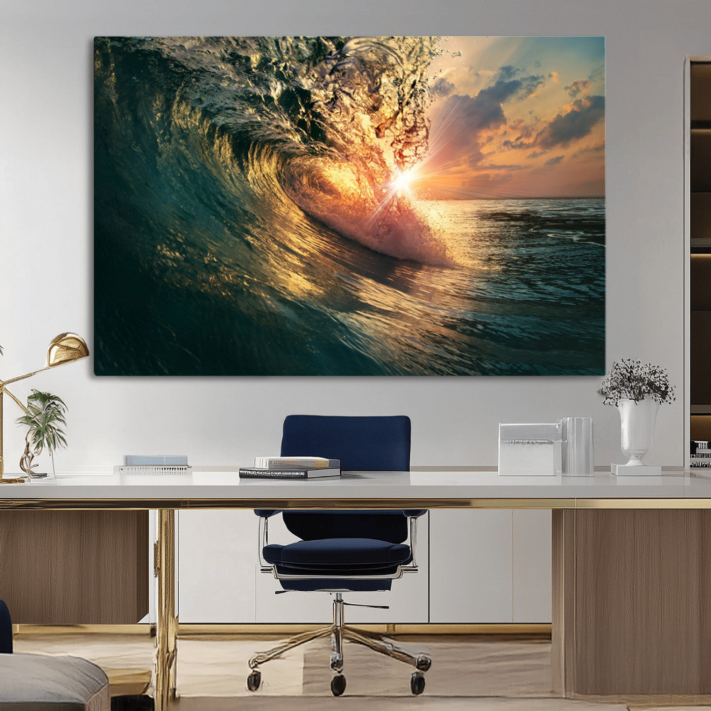 55359-MGV-CV-36X24-Radiant Ocean Wave Wall Art – Panoramic Surf Canvas Print, Vibrant Sunset Beach Decor for Home, Office or Man Cave
