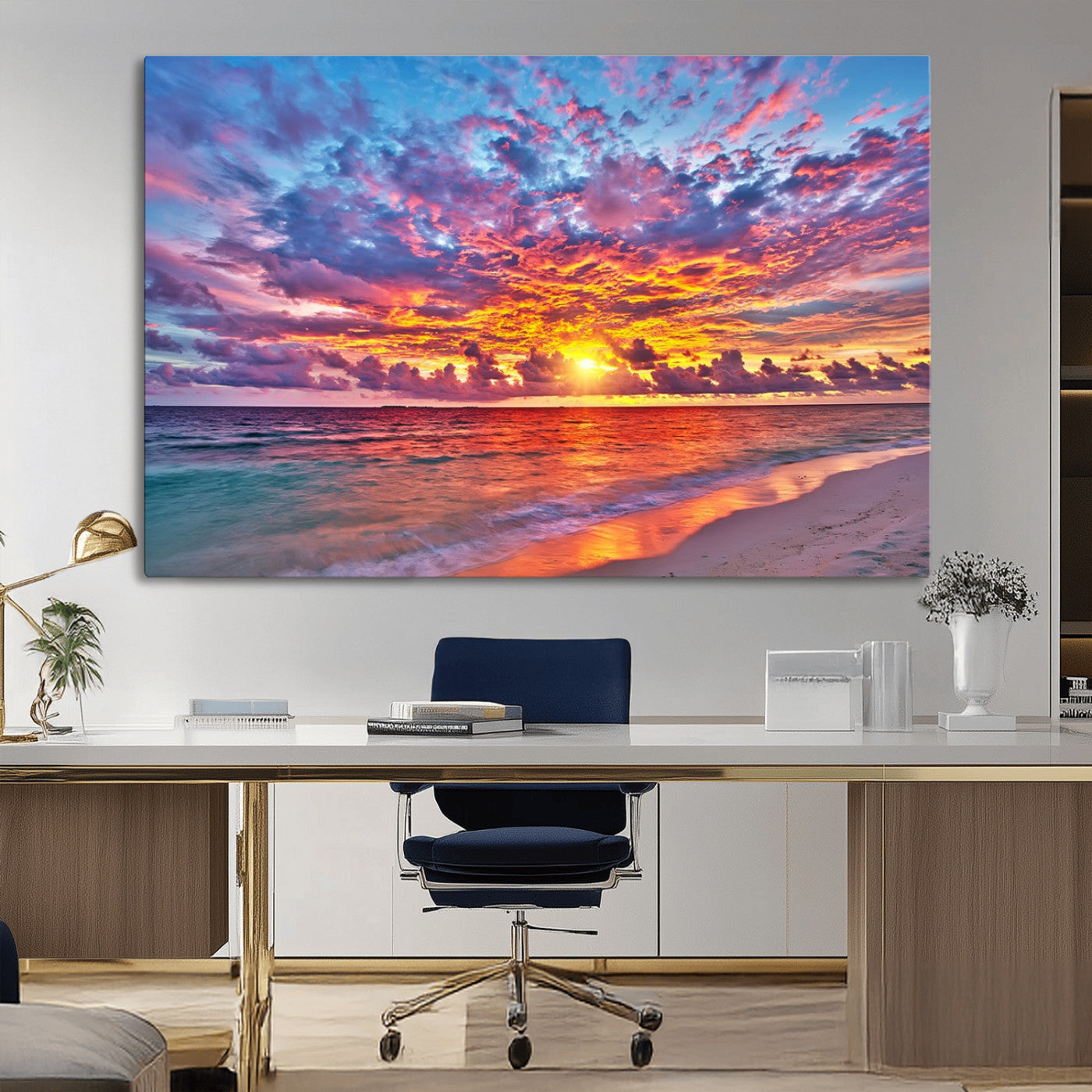 72836-MGV-CV-36X24-Fiery Sunset Beach Wall Art – Panoramic Vibrant Ocean Canvas Print, Dramatic Coastal Decor for Living Room, Bedroom or Office