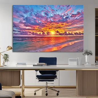 72836-MGV-CV-36X24-Fiery Sunset Beach Wall Art – Panoramic Vibrant Ocean Canvas Print, Dramatic Coastal Decor for Living Room, Bedroom or Office