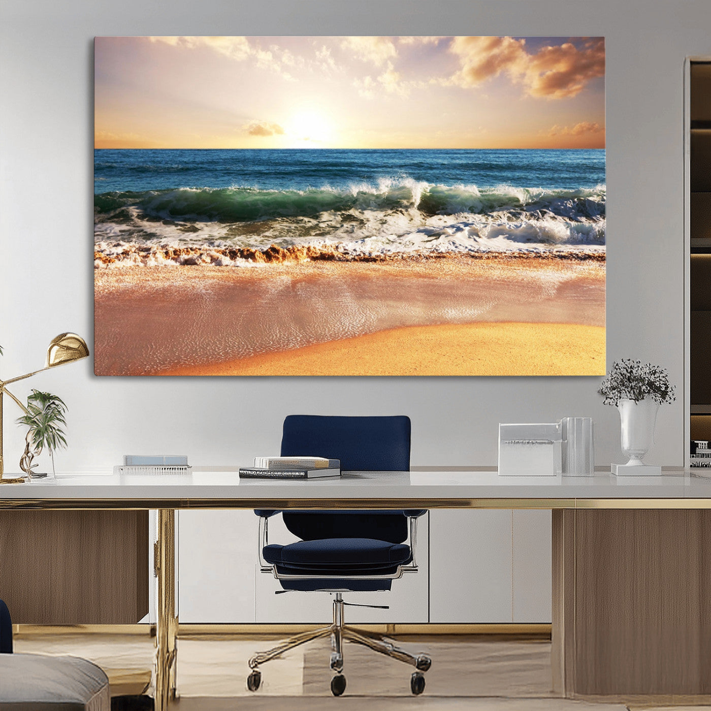 79005-MGV-CV-36X24-Golden Sunrise Ocean Waves Wall Art – Panoramic Seashore Canvas Print, Calming Coastal Decor for Home, Office or Relaxation Space