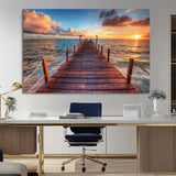 28836-MGV-CV-36X24-Ocean Pier Sunset Wall Art – Wooden Dock and Golden Horizon Canvas Print, Coastal Seascape Photography for Living Room, Bedroom,