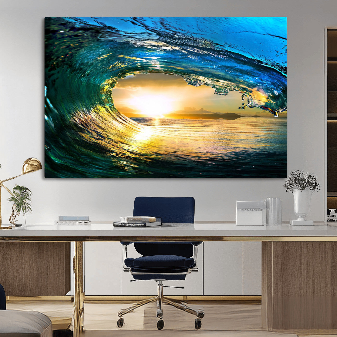 19378-MGV-CV-36X24-Ocean Wave Sunset Wall Art – Vibrant Surf and Golden Horizon Canvas Print, Coastal Seascape Photography for Living Room, Bedroom,
