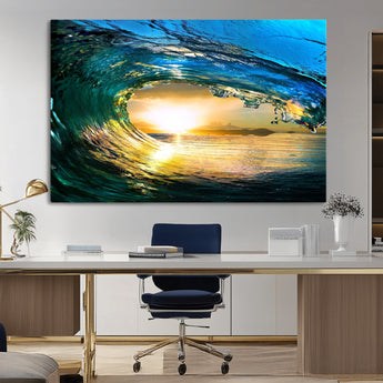 19378-MGV-CV-36X24-Ocean Wave Sunset Wall Art – Vibrant Surf and Golden Horizon Canvas Print, Coastal Seascape Photography for Living Room, Bedroom,