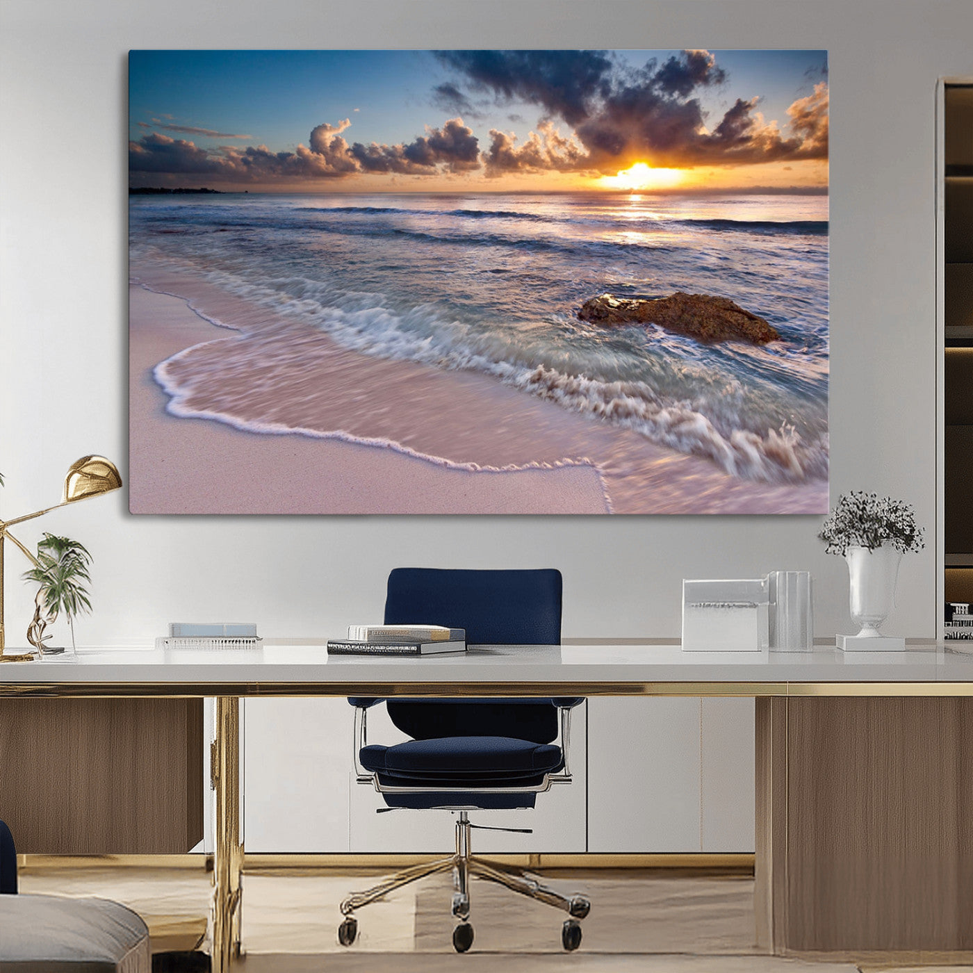 94906-MGV-CV-36X24-Sunrise Beach Wall Art – Panoramic Ocean Waves Canvas Print, Coastal Sunset Seascape Artwork for Living Room, Bedroom, or Office