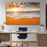 15399-MGV-CV-36X24-Golden Sunrise Beach Wall Art – Ocean Waves on Sandy Shore Canvas Print, Coastal Seascape Decor for Living Room or Bedroom