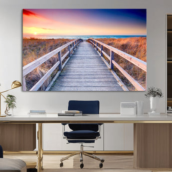 60625-MGV-CV-36X24-Beach Boardwalk Sunrise Wall Art – Coastal Pathway to Ocean Canvas Print, Seaside Landscape Decor for Home or Office