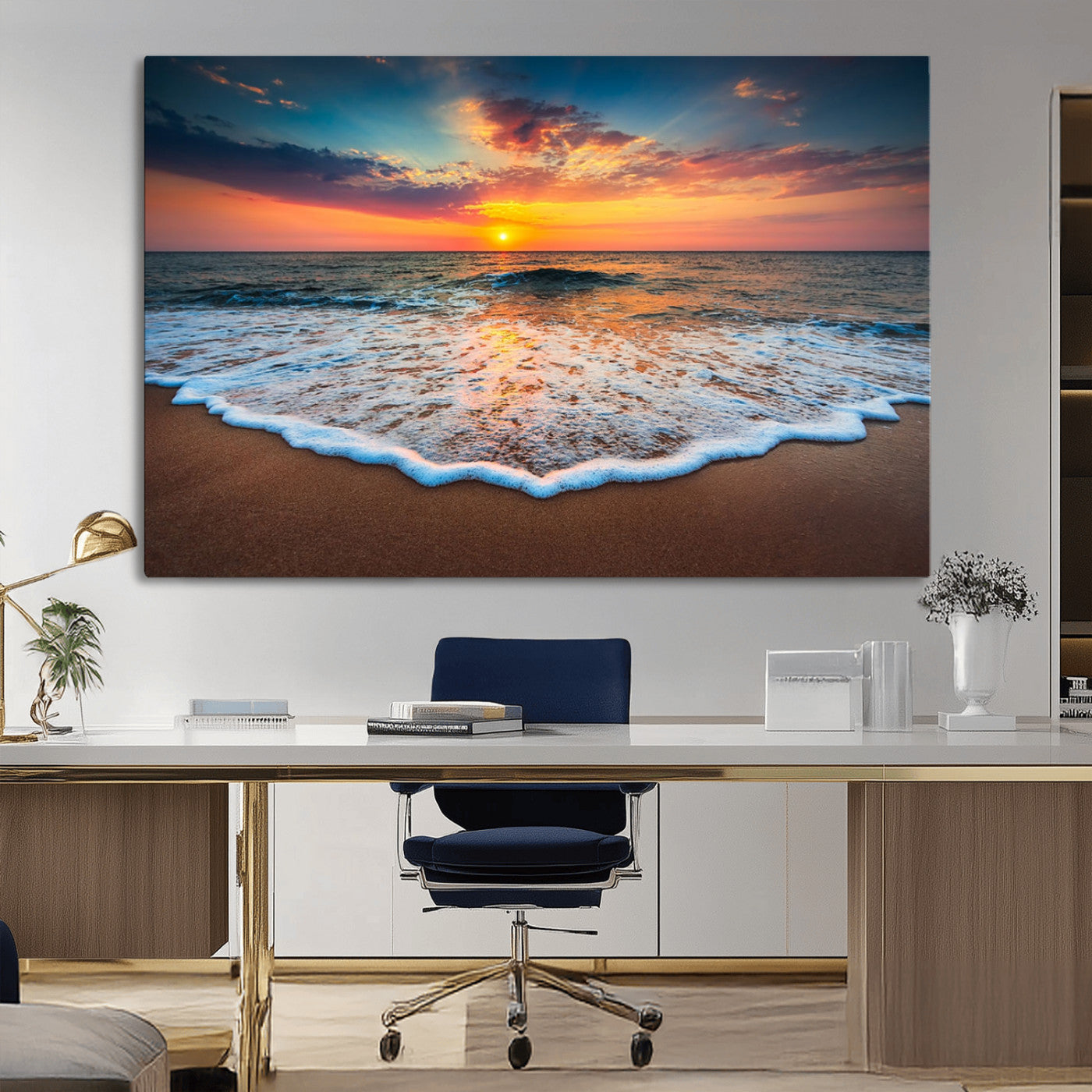 16110-MGV-CV-36X24-Ocean Sunset Wall Art – Vibrant Beach Waves and Horizon Canvas Print, Relaxing Coastal Seascape Decor for Living Room or Bedroom