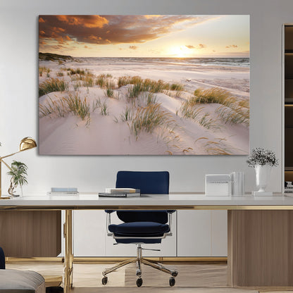 61246-MGV-CV-36X24-Coastal Sand Dunes Wall Art – Serene Beach Sunset Canvas Print with Grasses and Ocean View, Tranquil Seaside Decor for Living Room